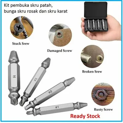 Kit pembuka skru patah dan bunga skru rosak / Screw Extractor Drill Bits Tool Broken Damaged Bolt Remove - Ready Stock