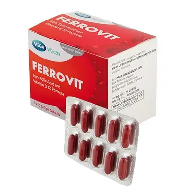 Mega Ferrovit Iron Folic Acid Vitamin B12 Formula 50 Softgel Capsules Suitable for Pregnant Woman & Teenagers