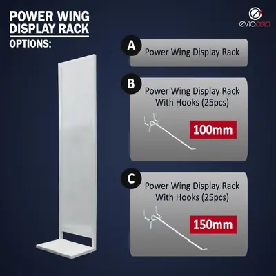 In-Store Retail Power Wing Display Rack Standee + Pegwood Hook Silver 10pcs