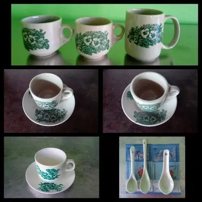 Traditional Kopitiam Green Flower Coffee Cup & Saucer/Cawan Kopitiam Tradisional