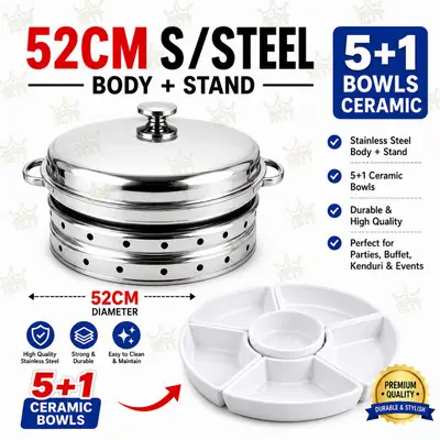 TKTT ZIRAFAH 52CM Stainless Steel Serving Dome Set 5+1 Ceramic Bowls Revolving Buffet Dome Kenduri