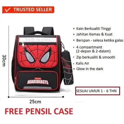 [READY STOCK] Beg Sekolah Kualiti Tinggi Jahitan Kemas Kuat Spiderman C.America Waterproof School Bagpack Bags Tadika