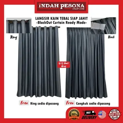 Indah Pesona Blackout Curtain - Dark Grey G12 [Free Hook/Ring]