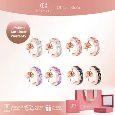 [ LAST CHANCE | RM79 ONLY ] Celovis Georgia Zirconia C Hoop in Rose Gold Stud Earrings - Purple/Pink/White/Black