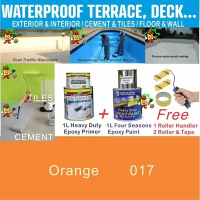 017 ORANGE Terrace Tiles & Cement floor waterproofing paint ( full set 1L waterproof primer / 1L epoxy & tools )