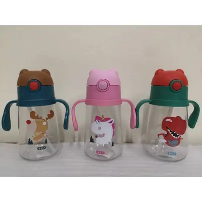 Ready Stock!! Cartoon pop up cap water bottle with straw 450ml Botal Animal ada pemegang tupperware