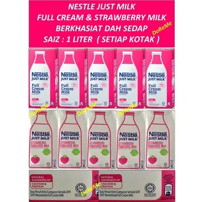 NESTLE JUST MILK FULL CREAM MILK & STRAWBERRY , SUSU KOTAK NESTLE PENUH BERKRIM 1 LITER , 1000ML