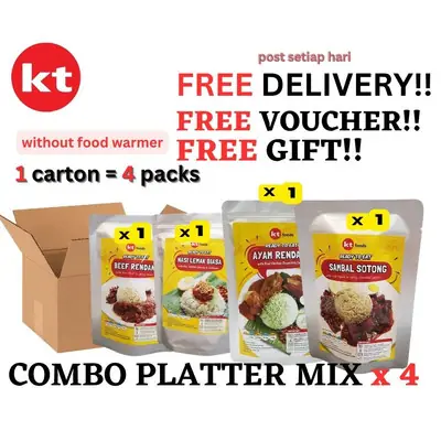 KT FOOD (Combo Platter Mix 4) Nasi Lemak, Rendang Daging, Ayam Rendang, Sambal Sotong (READY-TO-EAT)