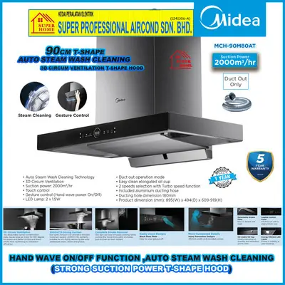 Midea Cooker Hood MCH-90M80AT 90cm T-Shape Designer Hood ((suction power 2000m³)) Auto-Steam Wash Cleaning Technology