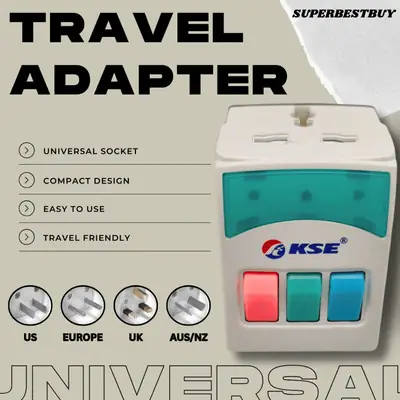 KSE UK 3 Pin Universal Travel Adapter 3 Way Multi Plug US EU AU UK Compact Portable Charger