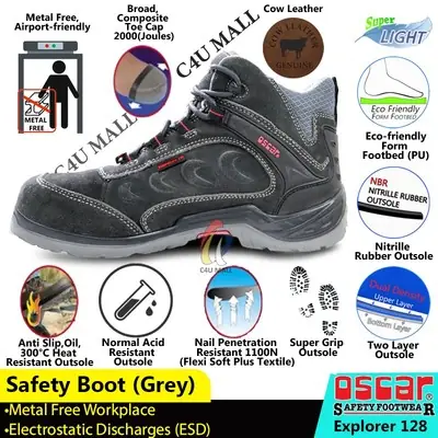 [C4U] Oscar ESD Safety Shoe Cow Leather Men Boot 128 Working Kasut Kerja Kilang Lelaki Kulit Lembu Composite Toe Sneaker