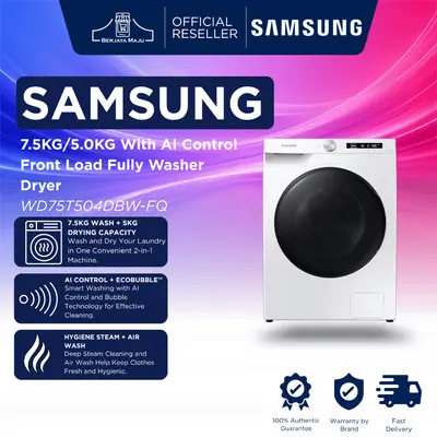 Samsung 7.5KG/5.0KG With AI Control Front Load Fully Washer Dryer WD75T504DBW/FQ / WD75T504DBW | heat pump dryer mesin p