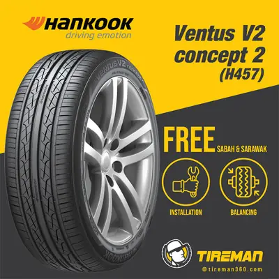 Hankook Ventus V2 Concept 2 H457 Tyre Tayar Tire with Installation 22545R17 22550R17 24545R17