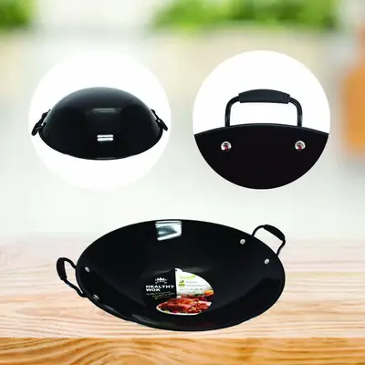 Kbm Non Stick Double Handle Enamel Wok Kuali Hitam 30cm 32cm 35cm 38cm 40cm 43cm 45cm 50cm