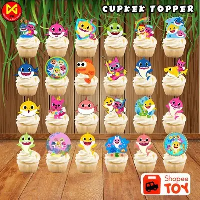 Ready Stock 24pcs Cupcake Wrappers Toppers Pick Baby Shark Theme Cake Decorations Dessert Party