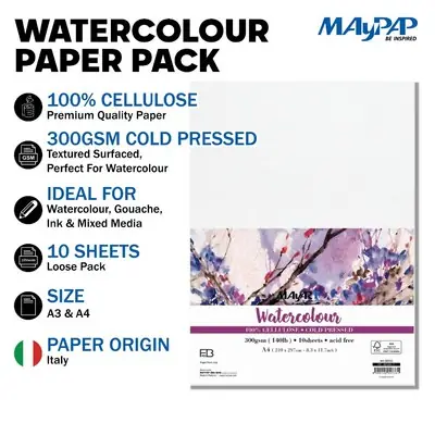 Mayart Watolour Paper Pack 300GSM 100 Cellulose Cold Pressed Medium Common 10shts Bnzz