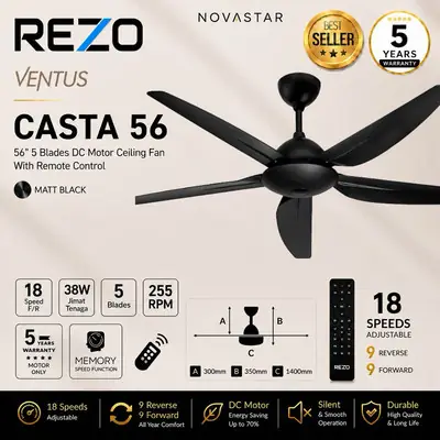 Rezo Ceiling Fan Zeron Plus 565B DC Motor 12 Speed F6R6 5 Blades Ceiling Fan with Remote Control