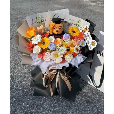 Free Card Cute Graduation Convo Bouquet Soap Sunflower Soap Flower Bouquet W Squishy Toy Lollipop
