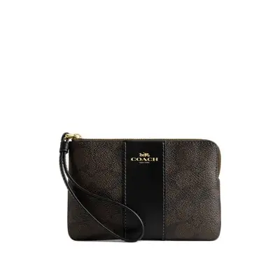 Coach F58035 F58032 C4466 Corner Zip Wristlet Leather Stripe Horse Carriage Women Short Coin Purse Wallet Dompet