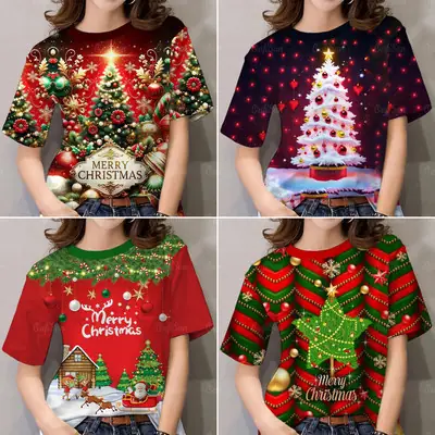 Christmas Print Aesthetic T Shirt Women Short Sleeve Steetwear Tshirt Thanksgiving Pink Christmas