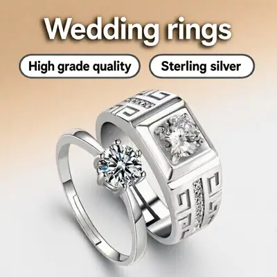 Couple Ring a Pair of Sterling Silver Men and Women Couple Rings Inlaid Swarovski